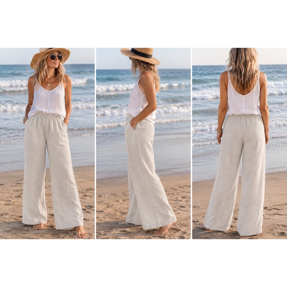 Solai Womens Wide Leg Linen Pants Easy Fit Smocked Waist Oatmeal Sz Medium Beach